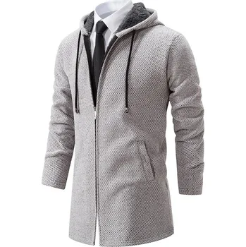 Pánský svetr Pánský pletený kardigan s kapucí slim pro podzim a zimu Barva: Světle Šedá, Velikost: M