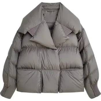 Dámská parka Krátká péřová bunda s kapucí – městský styl, odepínací rukávy Barva: Šedá, Velikost: S