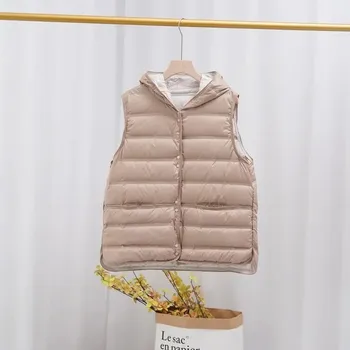 Dámská vesta péřová vesta s kapucí – lehká, podzim/zima Barva: Khaki, Velikost: M