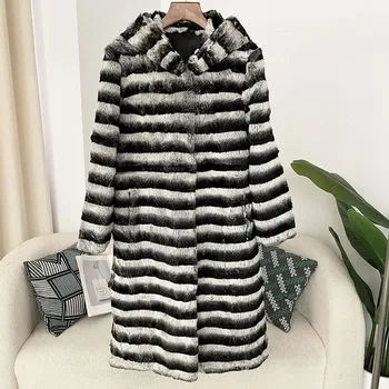 Dámský kabát koženkový kabát s králičí kožešinou – zimní Barva: Béžová, Velikost: XL