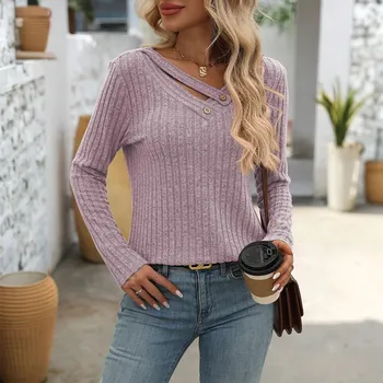Dámský svetr Podzimní svetr s výstřihem – přiléhavý střih, casual styl Barva: Purpurová, Velikost: L