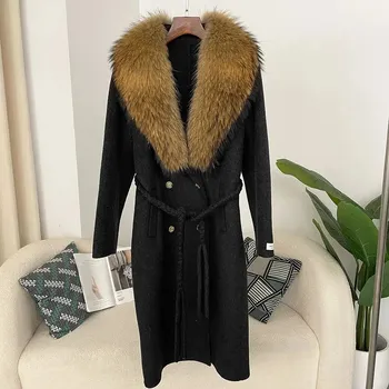 Dámský kabát Zimní kabát s kožešinou – dlouhý střih, teplý, pletený pásek Velikost: S, Barva (Varianta): black natural