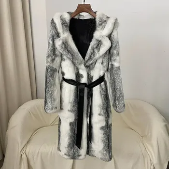 Dámský kabát zimní kabát z pravé kožešiny – kapuce, luxusní styl Velikost: XL, Barva (Varianta): leather belt