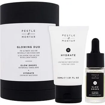 Samoopalovací přípravek Pestle & Mortar Glowing Duo dárková sada: samoopalovací pleťové sérum Glow Drops 15 ml + hydratační pleťový krém Hydrate Lightweight Moisturiser 30 ml pro ženy