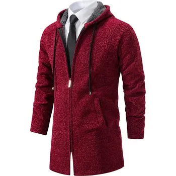 Pánský svetr Pánský pletený kardigan s kapucí slim pro podzim a zimu Barva: Vínová, Velikost: M