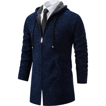 Pánský svetr Pánský pletený kardigan s kapucí slim pro podzim a zimu Barva: Tmavě Modrá, Velikost: XL