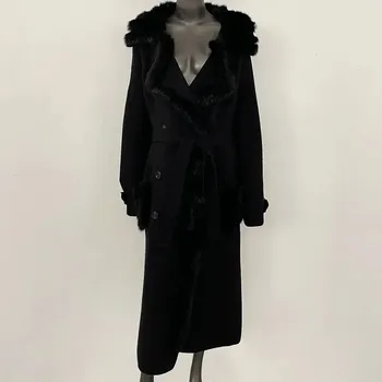 Dámský kabát Dlouhý vlněný kabát s límcem z lišky Barva: Černá, Velikost: ONE SIZE