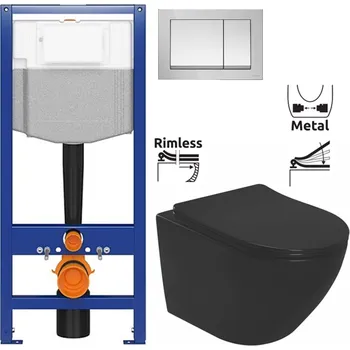 Klozet CERSANIT předstěnový instalační systém s tlačítkem chrom K97-509 + WC REA CARLO MINI RIMLESS ČERNÝ MAT + SEDÁTKO K97-526 509 MM1