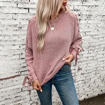 Dámský svetr pletený svetr na podzim – volný styl, pohodlný střih Barva: Růžová, Velikost: M