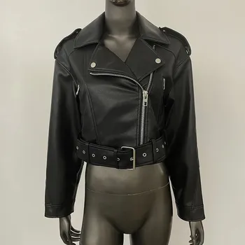Dámský křivák Krátká koženková bunda s páskem – retro streetwear styl Barva: Černá, Velikost: XL