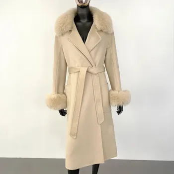 Dámský kabát kabát s límcem z lišky – vlněný, elegantní streetwear Velikost: M, Barva (Varianta): Béžová