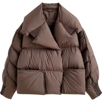 Dámská parka Krátká péřová bunda s kapucí – městský styl, odepínací rukávy Barva: Kávová, Velikost: S