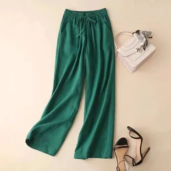 Dámské oblečení Dámské lněné kalhoty s vysokým pasem Barva: Zelená, Velikost: M