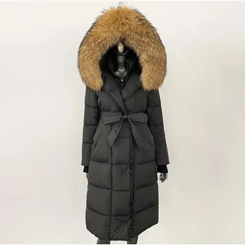 Dámský kabát dámský kabát s páskem – dlouhá péřová bunda s kožešinou Velikost: S, Barva (Varianta): black natural