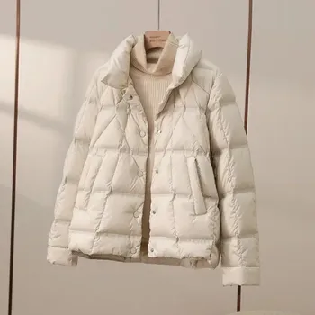 Dámská parka zimní bunda – péřová parka s knoflíky, dlouhý rukáv Barva: Béžová, Velikost: L