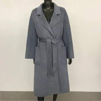 Dámský kabát kašmírový kabát – podzimní styl, dvouvrstvý, elegantní Barva: Modrá, Velikost: S