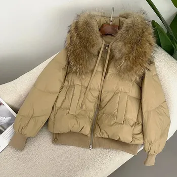 Dámská parka Krátká zimní bunda s kožešinovým límcem – péřová, stylová Velikost: S, Barva (Varianta): full camel