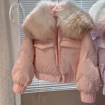 Dámská parka Dlouhá péřová bunda s kožešinou – luxusní styl Barva: Růžová, Velikost: S