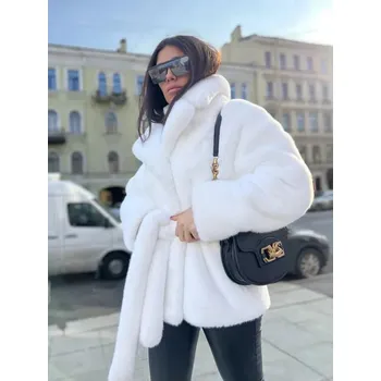 Dámský kabát Zimní kabát z umělé kožešiny s páskem a límcem Barva: Bílá, Velikost: L