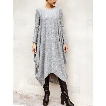 Dámské šaty Volné bavlněné šaty – podzimní šaty s dlouhým rukávem Barva: Šedá, Velikost: XL