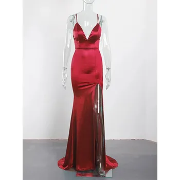 Dámské šaty Plesové šaty bez zad, hluboký výstřih, elastický satén, ramínka Barva: Bordová, Velikost: M