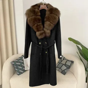 Dámský kabát Zimní kabát s kožešinou – dlouhý střih, teplý, pletený pásek Velikost: M, Barva (Varianta): Black Brown