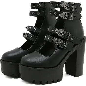 Dámské lodičky dámské boty na platformě s přezkami a vysokým podpatkem Barva: Černá, Velikost: 40