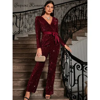 Dámský overall Dámský overal s flitry na večírek nebo narozeniny Barva: Vínová, Velikost: M