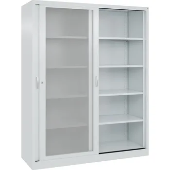 Jednací stůl Kancelářská skříňka s posuvnými dveřmi Acurado, vložné police, 1600 x 500 x 1950 mm, sv. šedá