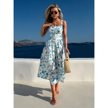 Dámské šaty Modré vypasované šaty MICHELLE s květinovým vzorem Velikost: ONESIZE