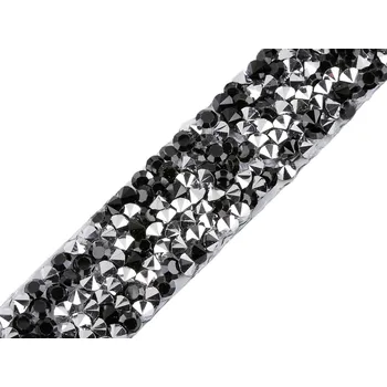 Stuha Prýmek s kamínky šíře 15 mm nažehlovací Varianta: 3 black diamond stříbrná, Balení: 1 m