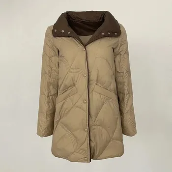 Dámská parka Dámská midi péřová bunda s límcem na zimu Barva: Khaki, Velikost: S