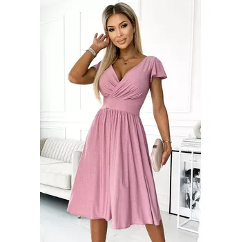 Dámské šaty 425-2 MATILDE Šaty s hlubokým výstřihem a krátkými rukávy - pudrově růžové s brokátem S