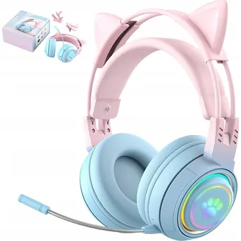 Sluchátka HERNÍ BLUETOOTH SLUCHÁTKA S MIKROFONEM LED PC PS5 XBOX KOČIČÍ UŠI RŮŽOVO-MODRÉ