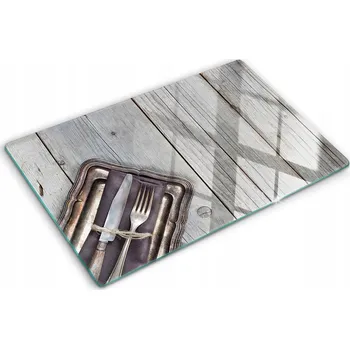 Obraz Dekorativní Deska Tvrzené Sklo Na Krájení Příbory na prknech 80x52 cm