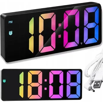Budík BUDÍK HODINY DIGITÁLNÍ ELEKTRONICKÉ LED RGB 2 REŽIMY BUDÍKU BÍLÝ