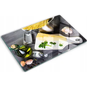 Obraz Skleněná kuchyňská deska z tvrzeného skla s grafikou Těstoviny s česnekem 80x52 cm