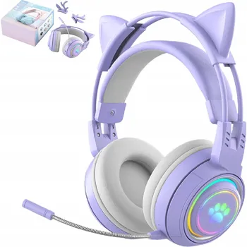 Sluchátka HERNÍ BLUETOOTH SLUCHÁTKA S MIKROFONEM A LED PODSVÍCENÍM PC PS5 XBOX KOČIČÍ UŠI FIALOVÁ