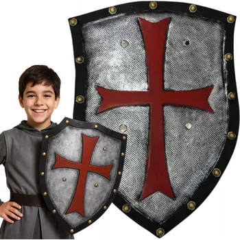 Karnevalový kostým RYTÍŘSKÝ ŠTÍT S KŘÍŽEM, RUKOJETÍ A ZNAKEM KŘÍŽÁKŮ, VELKÝ 52/38 CM, PU