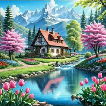 Diamantové malování Diamantové malování - Jarní sídlo pod horami + perleťové kamínky (50 x 50)