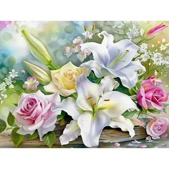 Diamantové malování Zakázková pro Diamantovani.cz Kytice lilií a růží + třpytivé kamínky (50x70)