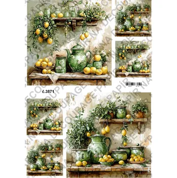 Umělecký papír Rýžový a soft papír na decoupage - Kuchyně - zelená žlutá - KB03871 Materiál: Soft, Rozměr: A4