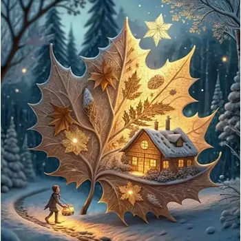 Diamantové malování Diamantové malování - Javorový list v zimě + třpytivé kamínky (50 x 50)