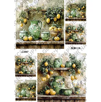 Umělecký papír Rýžový a soft papír na decoupage - Kuchyně - zelená žlutá - KB03867 Materiál: Soft, Rozměr: A4