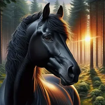 Diamantové malování Diamantové malování - Černý kůň v lese (60 x 60)