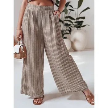 Dámské kalhoty Pruhované dámské kalhoty MODERESS s širokými nohavicemi hnědé