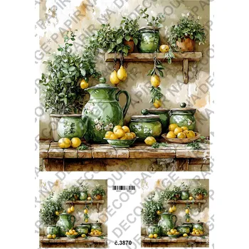 Umělecký papír Rýžový a soft papír na decoupage - Kuchyně - zelená žlutá - KB03870 Materiál: Soft, Rozměr: A4