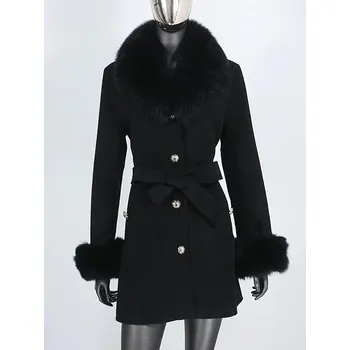 Dámský kabát zimní kabát z pravé liščí kožešiny s kašmírem a páskem Barva: Černá, Velikost: L