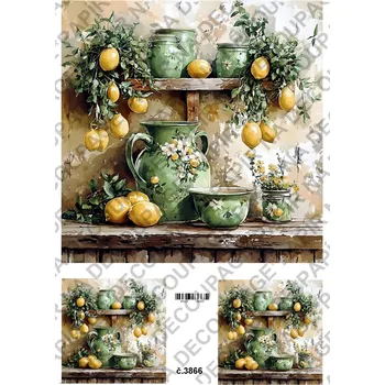 Umělecký papír Rýžový a soft papír na decoupage - Kuchyně - zelená žlutá - KB03866 Materiál: Soft, Rozměr: A4