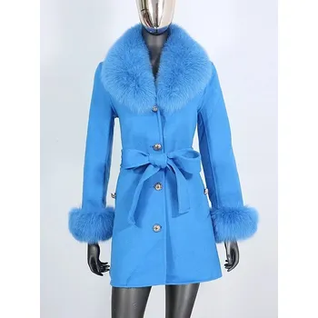 Dámský kabát zimní kabát z pravé liščí kožešiny s kašmírem a páskem Barva: Modrá, Velikost: L